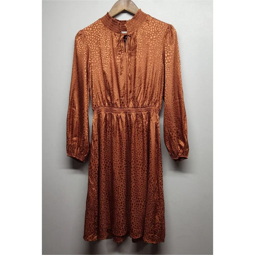 Chenault Mini Dress Women Size L Copper Orange Satin Long Sleeve Cocktail Party